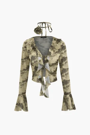 Tie Dye Flare Sleeve Tie Front Ruffle Top And Rose Choker>MICAS Fashion