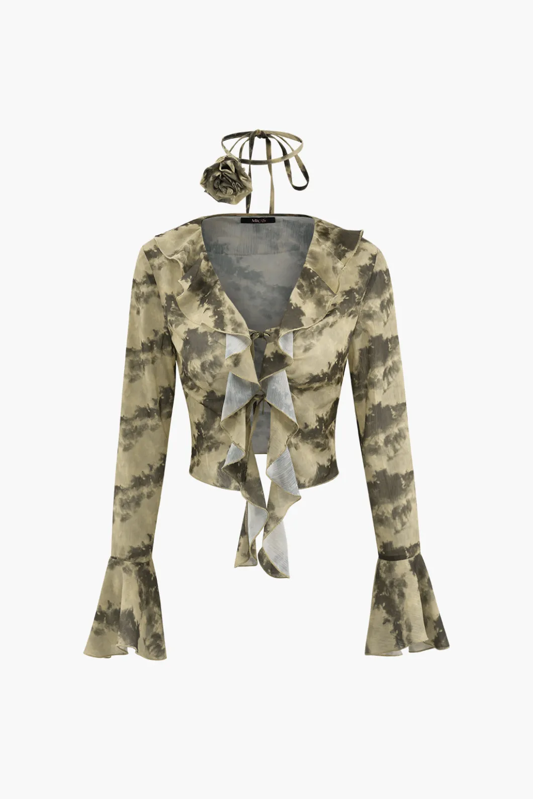 Tie Dye Flare Sleeve Tie Front Ruffle Top And Rose Choker>MICAS Fashion