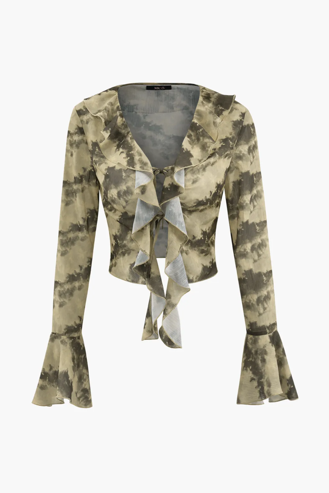 Tie Dye Flare Sleeve Tie Front Ruffle Top And Rose Choker>MICAS Fashion