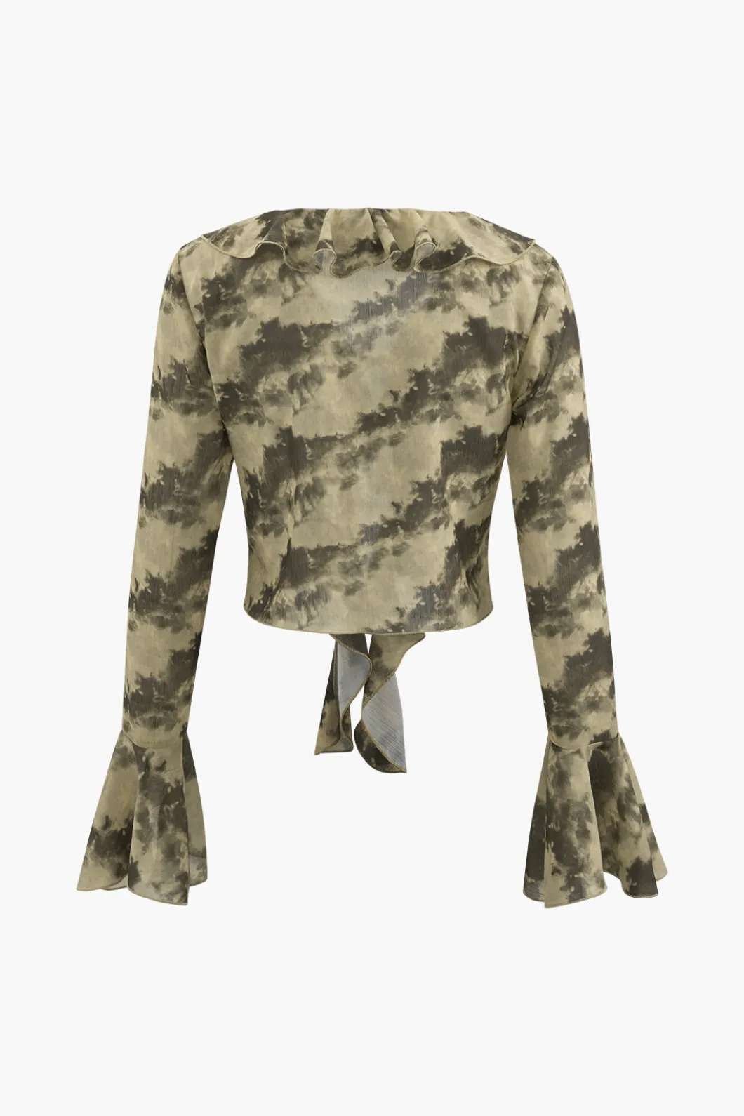 Tie Dye Flare Sleeve Tie Front Ruffle Top And Rose Choker>MICAS Fashion