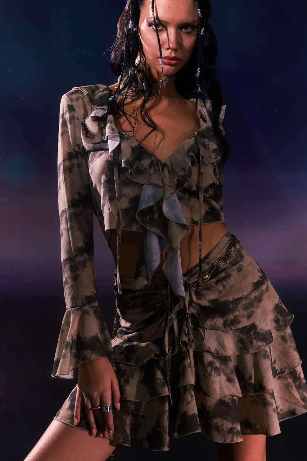 Tie Dye Flare Sleeve Tie Front Ruffle Top And Rose Choker>MICAS Fashion