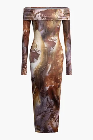 Tie Dye Long Sleeve Off Shoulder Midi Dress>MICAS New