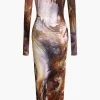 Tie Dye Long Sleeve Off Shoulder Midi Dress>MICAS New