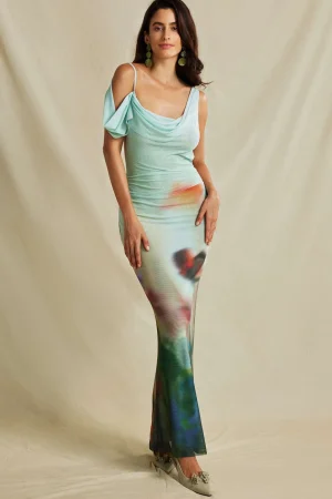 Tie Dye Mesh Backless Asymmetric Cowl Neck Maxi Dress>MICAS Discount