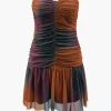 Tie Dye Mesh Ruched Strapless Mini Dress>MICAS Outlet