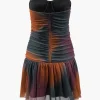 Tie Dye Mesh Ruched Strapless Mini Dress>MICAS Outlet