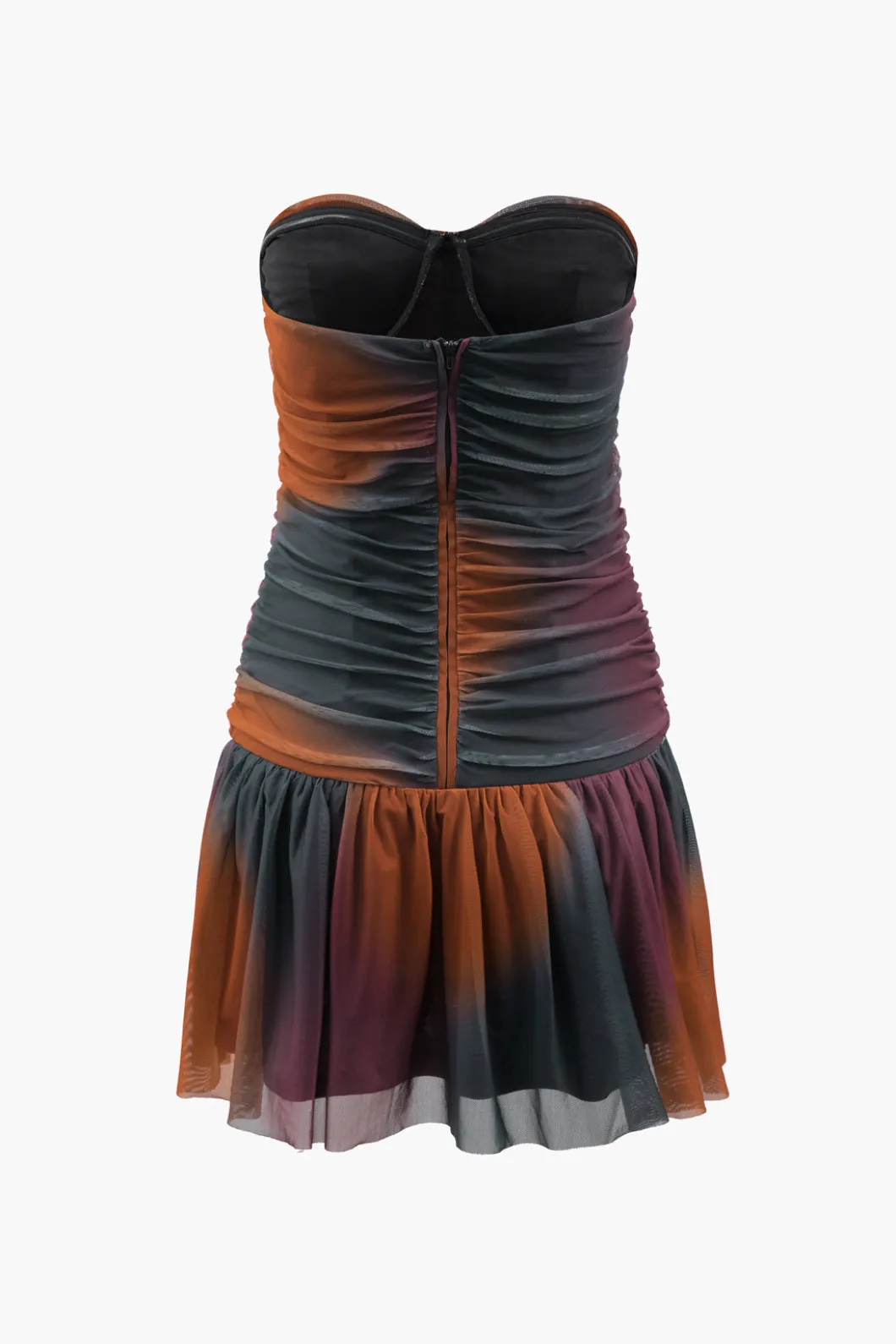 Tie Dye Mesh Ruched Strapless Mini Dress>MICAS Outlet