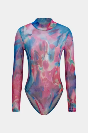 Tie Dye Print Mesh Long Sleeve Sheer Bodysuit>MICAS Outlet