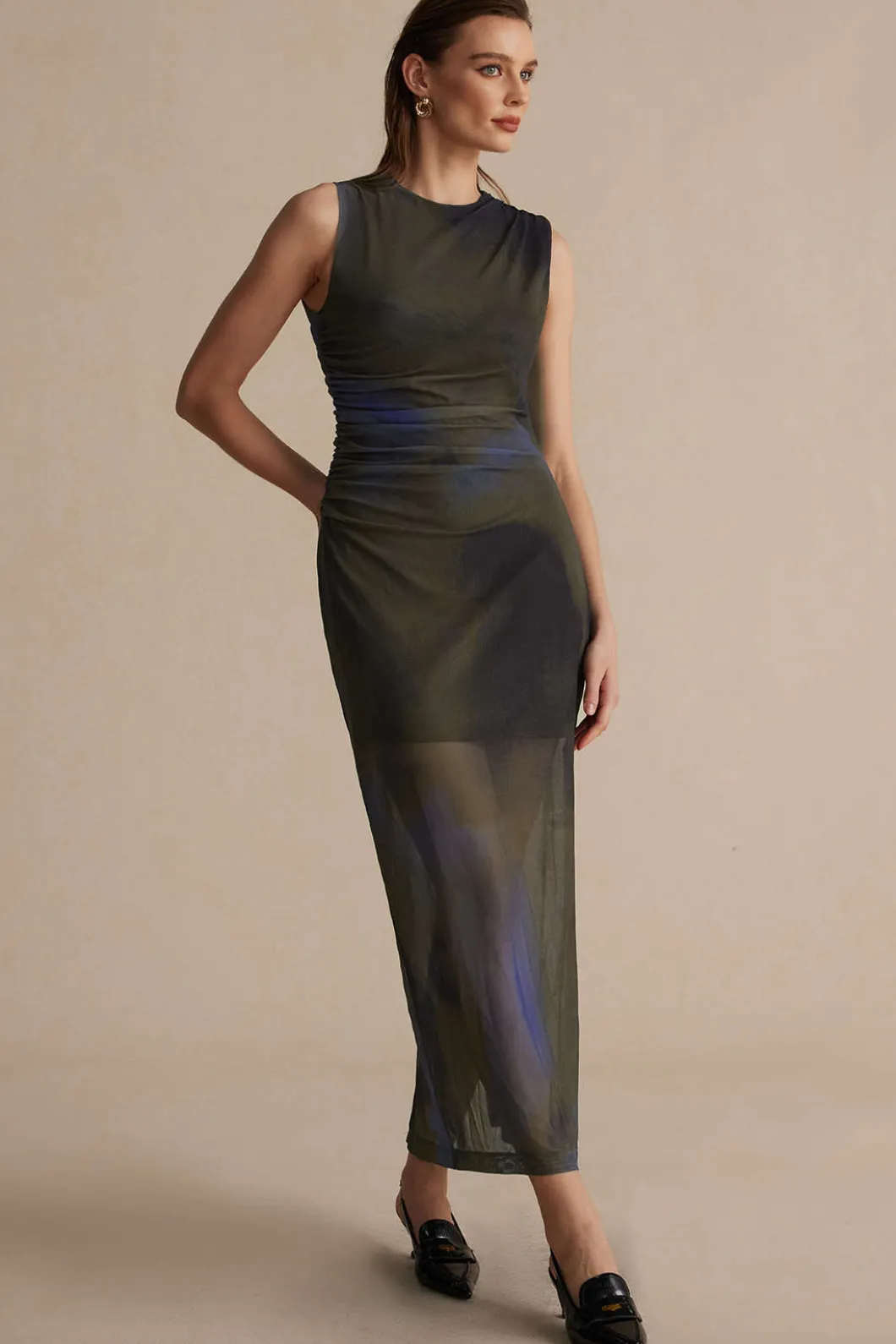 Tie Dye Print Ruched Midi Dress>MICAS Clearance