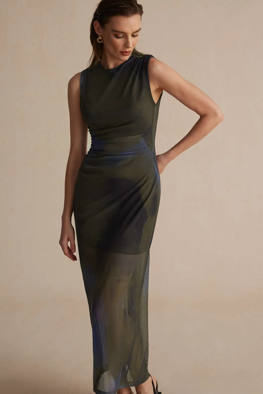 Tie Dye Print Ruched Midi Dress>MICAS Clearance