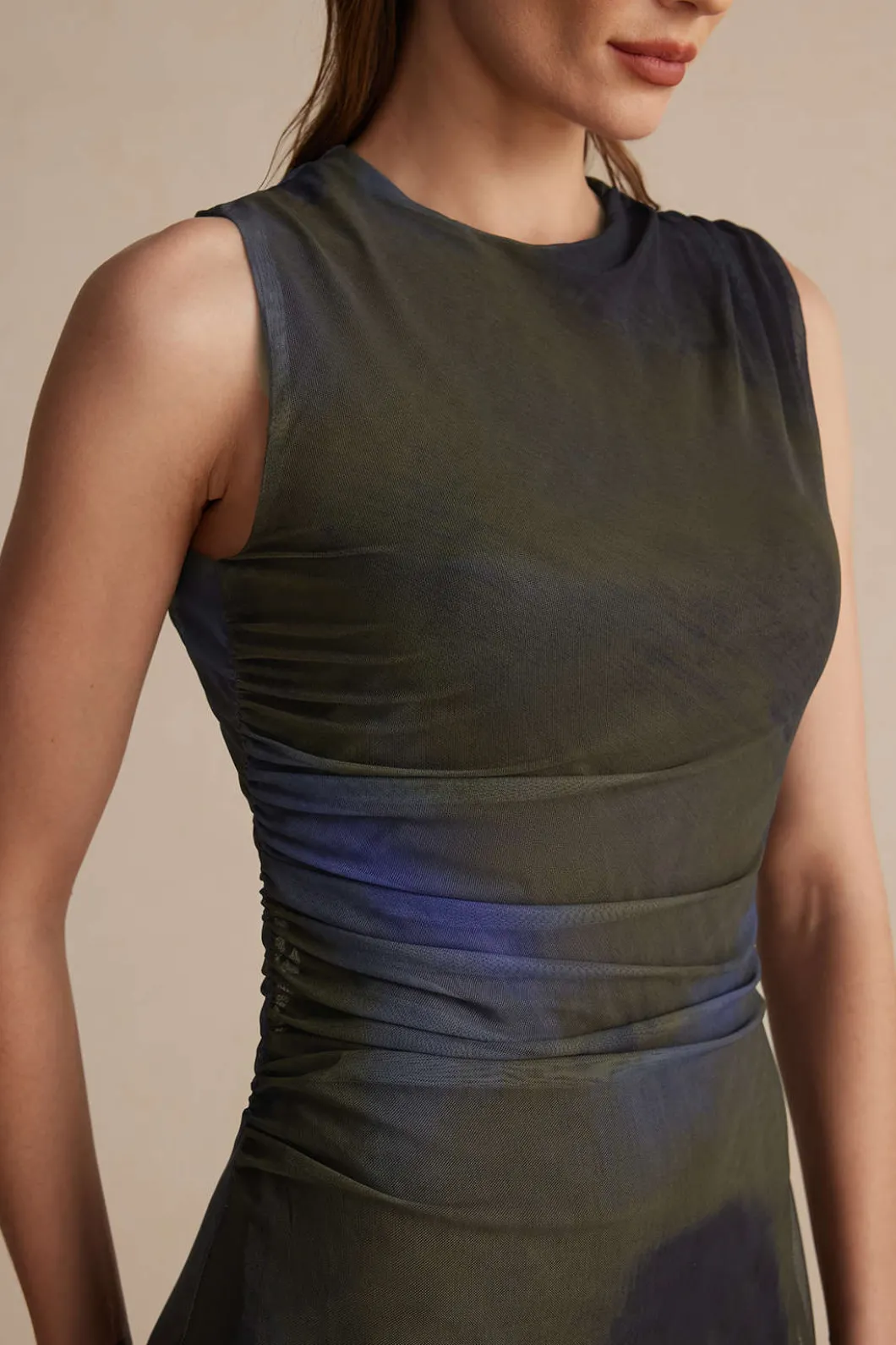 Tie Dye Print Ruched Midi Dress>MICAS Clearance