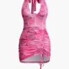 Tie Dye Ruched Drawstring Halter Mini Dress>MICAS Fashion