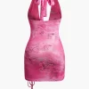 Tie Dye Ruched Drawstring Halter Mini Dress>MICAS Fashion