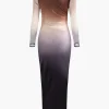 Tie Dye Ruched Mesh Long Sleeve Maxi Dress>MICAS Fashion
