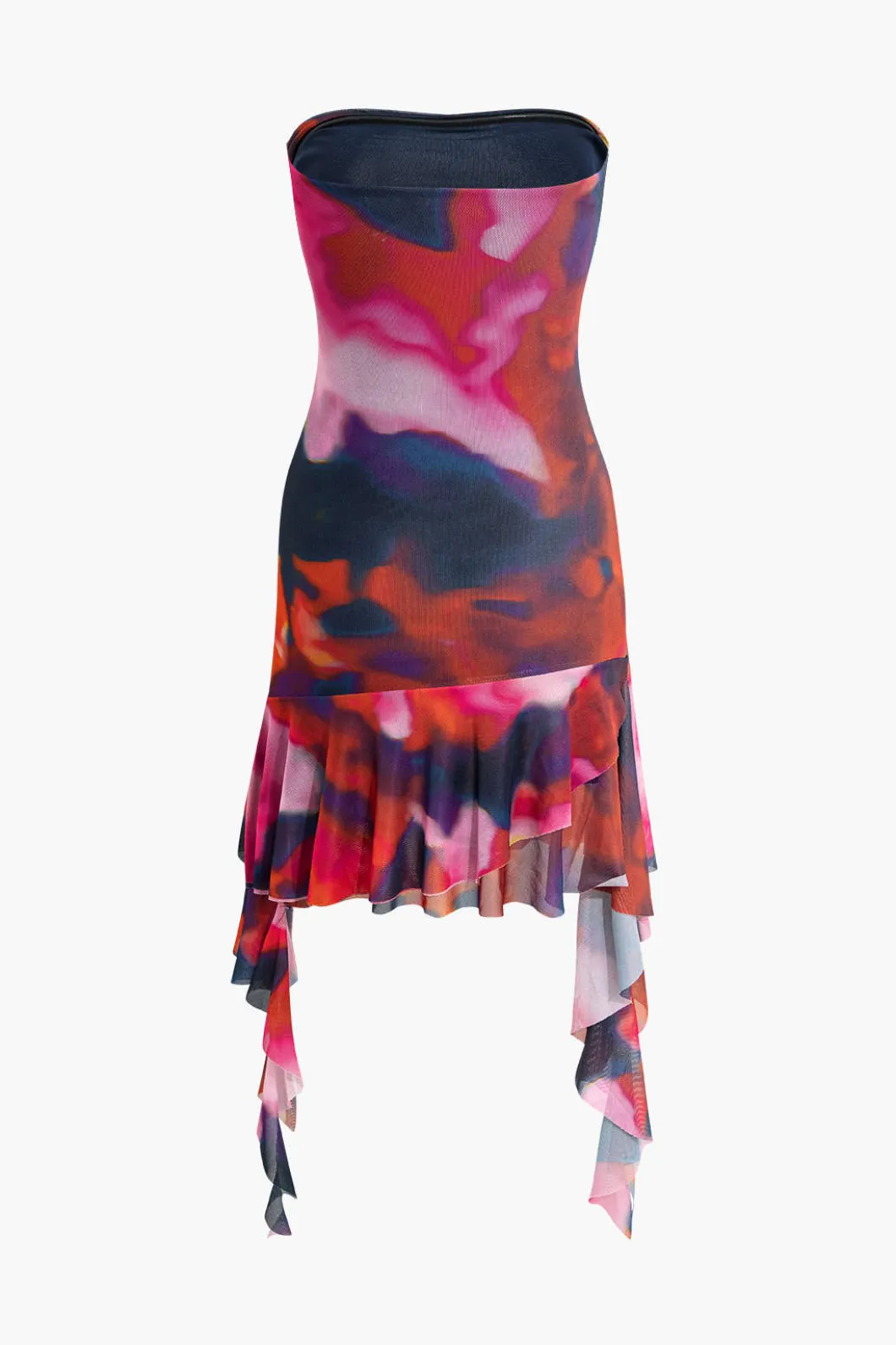 Tie Dye Ruffle Strapless Midi Dress>MICAS Outlet