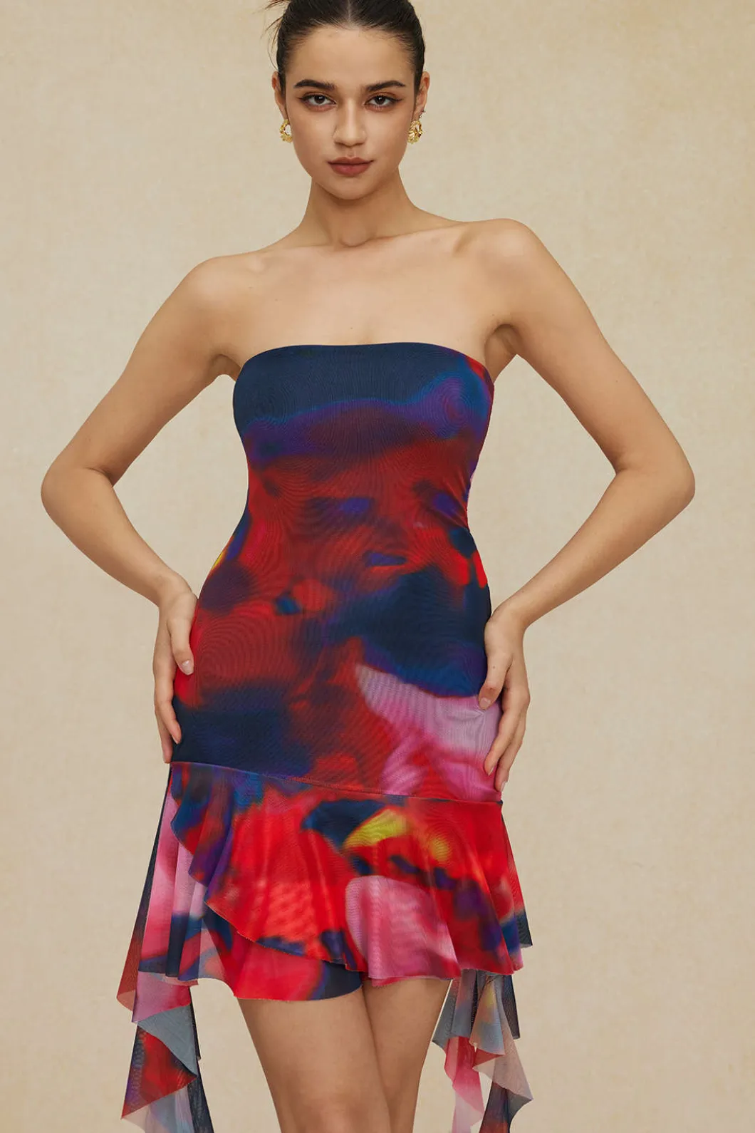 Tie Dye Ruffle Strapless Midi Dress>MICAS Outlet