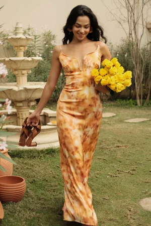 Tie Dye V-neck Backless Slip Maxi Dress>MICAS Clearance