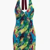 Tie Dye V-neck Halter Backless Mini Dress>MICAS Fashion