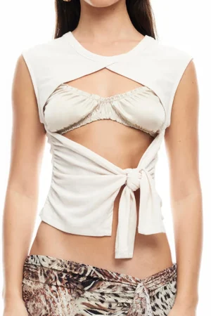 Tie Front Cut Out Ruched Round Neck Tank Top>MICAS Clearance