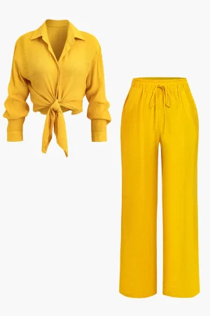 Tie Front Shirt And Wide Leg Pants Set>MICAS Best