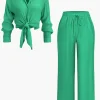 Tie Front Shirt And Wide Leg Pants Set>MICAS Best