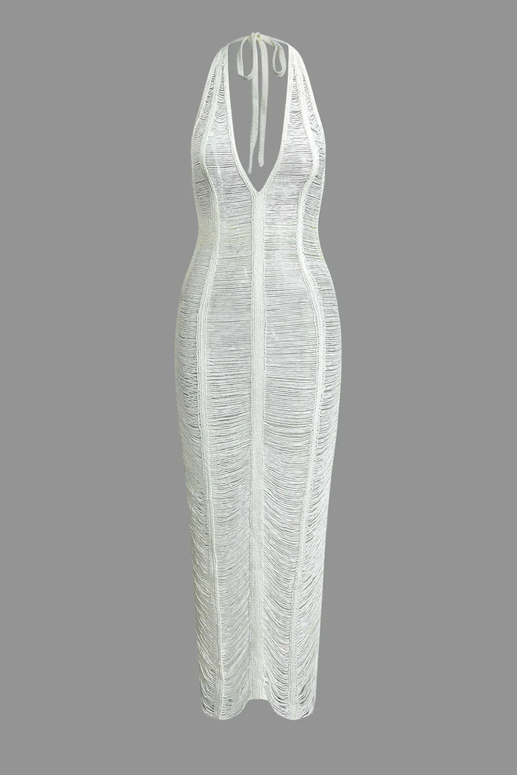 Tie Halter V-neck Backless Distressed Ladder Knit Maxi Dress>MICAS Best