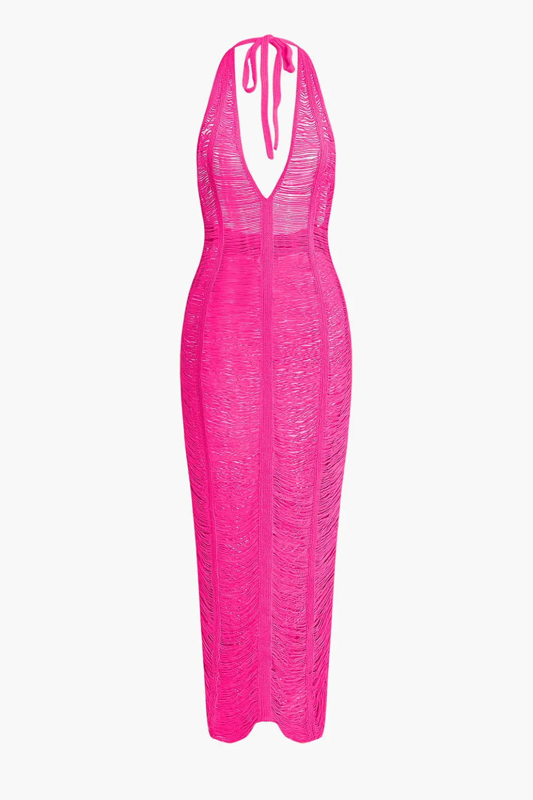 Tie Halter V-neck Backless Distressed Ladder Knit Maxi Dress>MICAS Best