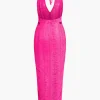 Tie Halter V-neck Backless Distressed Ladder Knit Maxi Dress>MICAS Best