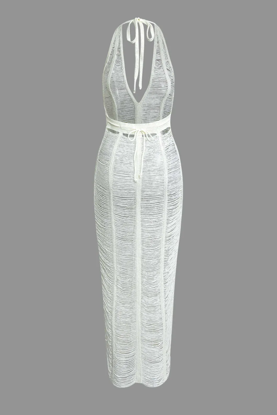 Tie Halter V-neck Backless Distressed Ladder Knit Maxi Dress>MICAS Best