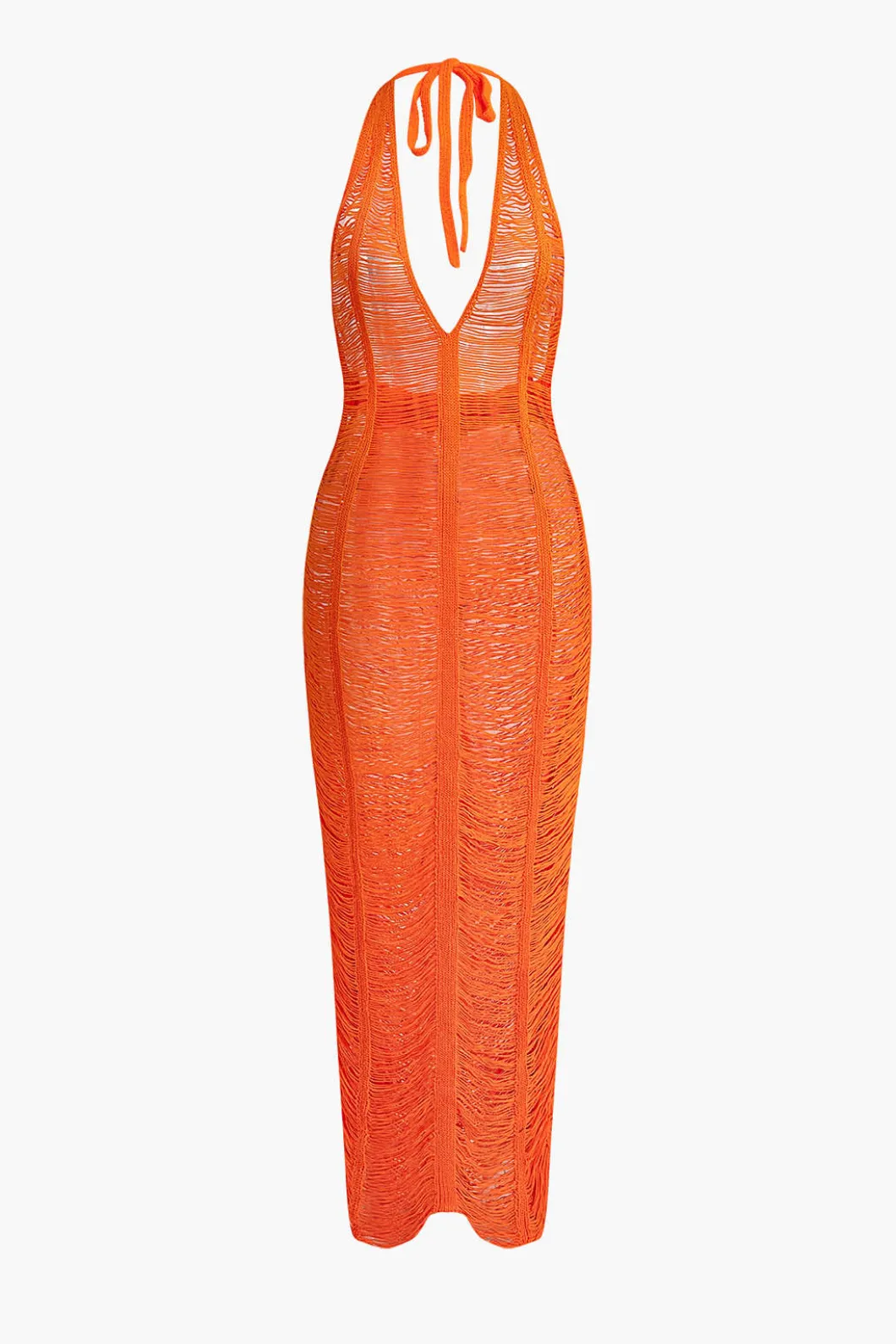 Tie Halter V-neck Backless Distressed Ladder Knit Maxi Dress>MICAS Best