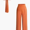 Tie Knot Front Ruched Tube Top And Pleated Wide Leg Pants>MICAS New