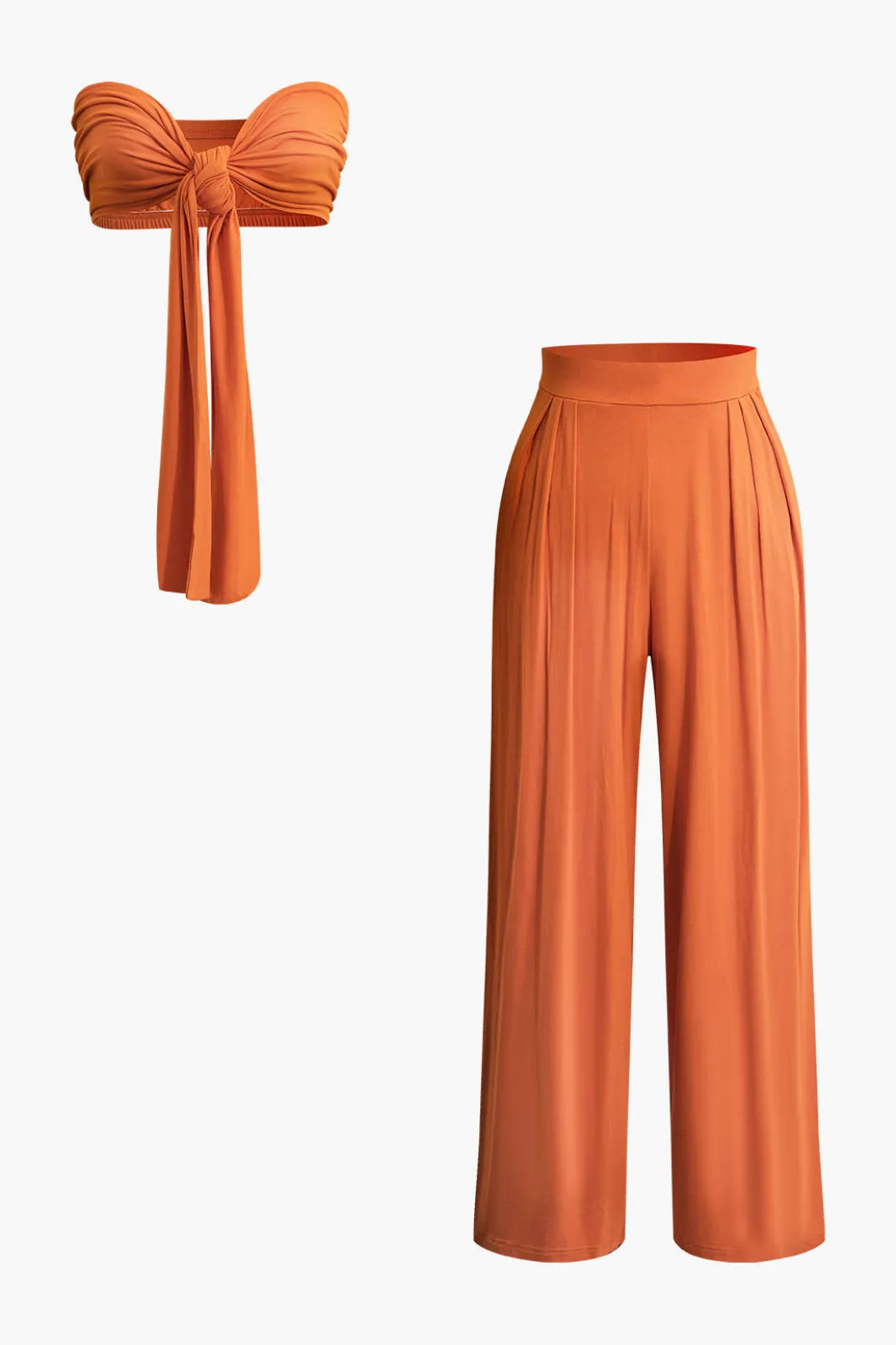 Tie Knot Front Ruched Tube Top And Pleated Wide Leg Pants>MICAS New