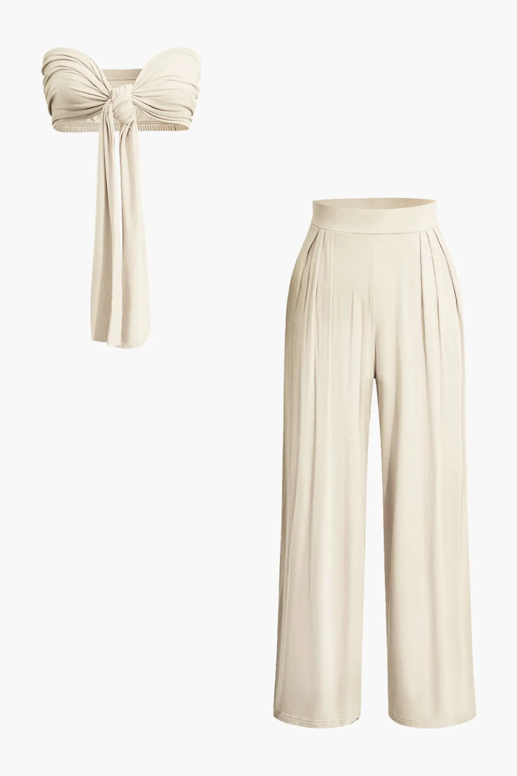 Tie Knot Front Ruched Tube Top And Pleated Wide Leg Pants>MICAS New