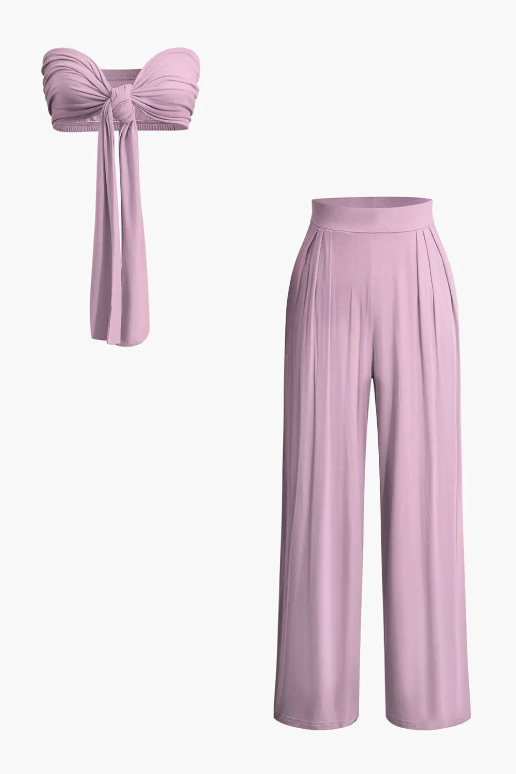 Tie Knot Front Ruched Tube Top And Pleated Wide Leg Pants>MICAS New