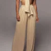 Tie Knot Front Ruched Tube Top And Pleated Wide Leg Pants>MICAS New