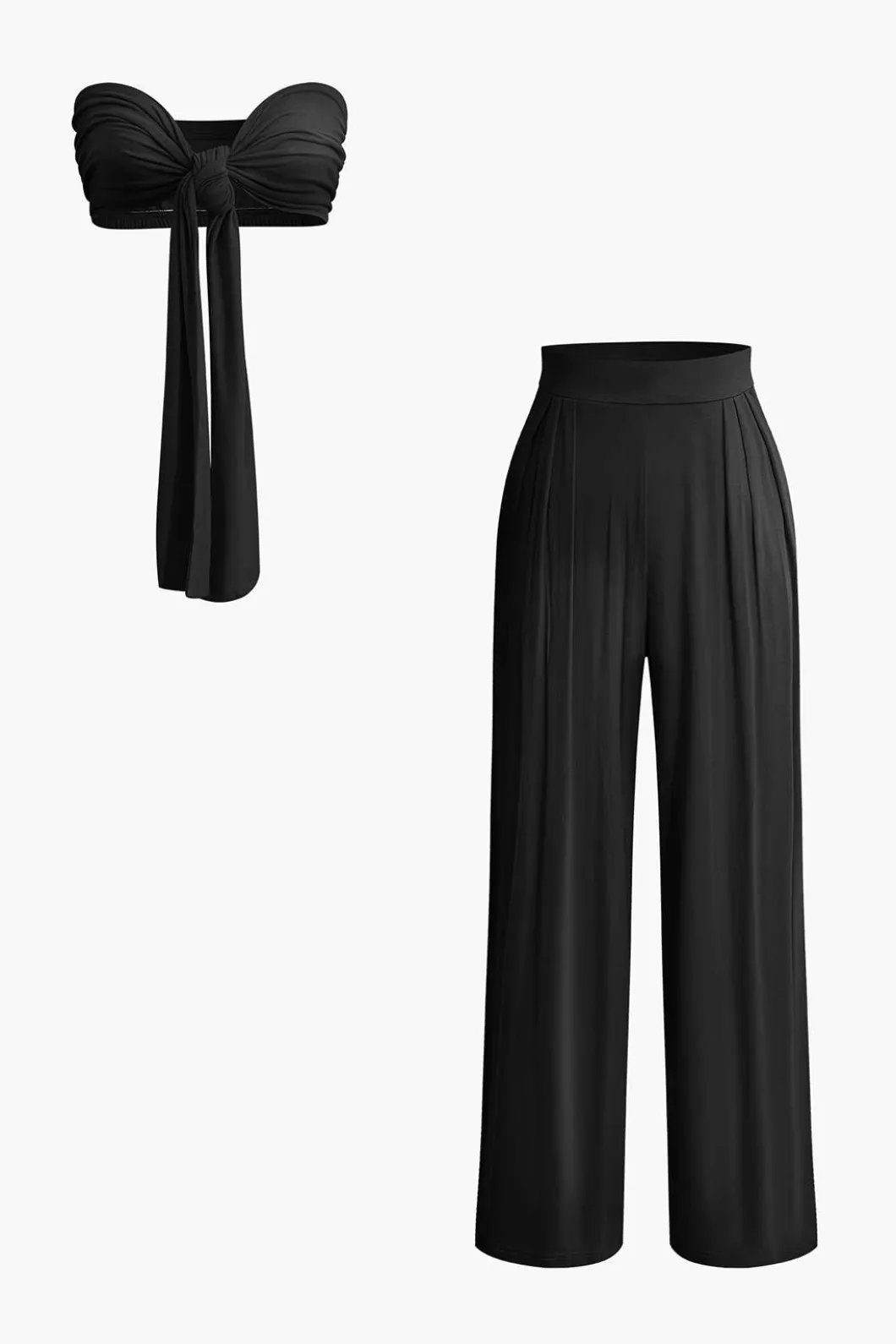 Tie Knot Front Ruched Tube Top And Pleated Wide Leg Pants>MICAS New