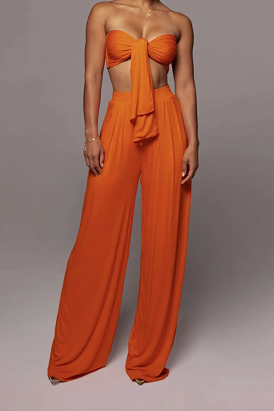 Tie Knot Front Ruched Tube Top And Pleated Wide Leg Pants>MICAS New