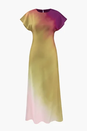 Tie-Dye Satin Cap Sleeve Maxi Dress>MICAS Clearance