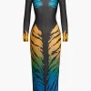 Tiger Print Mesh Sheer Round Neck Midi Dress>MICAS Best