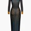 Tiger Print Mesh Sheer Round Neck Midi Dress>MICAS Best