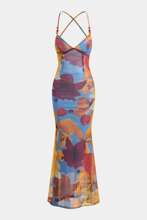 Tropical Floral Print Mesh Backless Maxi Dress>MICAS Online