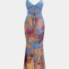 Tropical Floral Print Mesh Backless Maxi Dress>MICAS Online