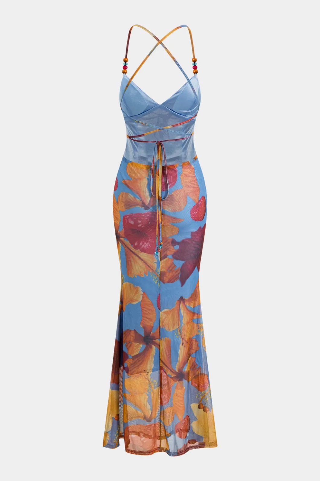 Tropical Floral Print Mesh Backless Maxi Dress>MICAS Online