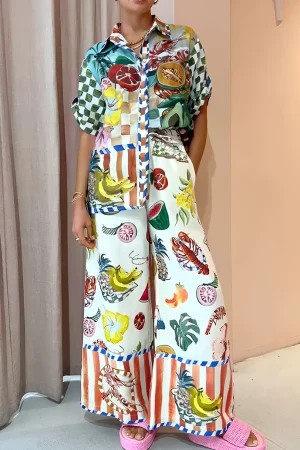 Tropical Print Drawstring Wide Leg Pants>MICAS Clearance