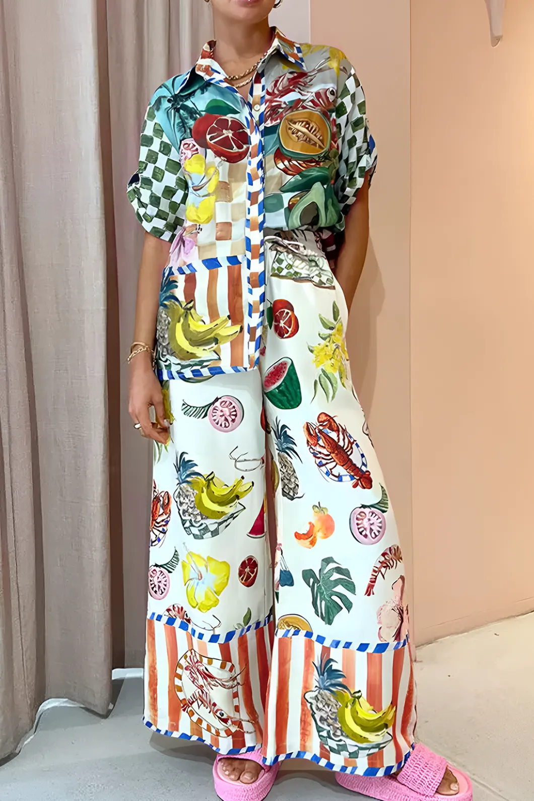 Tropical Print Drawstring Wide Leg Pants>MICAS Clearance