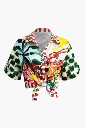 Tropical Print Tie Front Crop Shirt>MICAS Discount