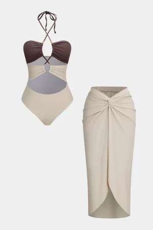 Tummy Control Contrast Halter Cut Out Swimwear And Twist Cover Up Set>MICAS Clearance