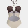 Tummy Control Contrast Halter Cut Out Swimwear And Twist Cover Up Set>MICAS Clearance