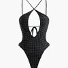 Tummy Control Rhinestone Embellished Tie Back One-Piece Swimsuit>MICAS Clearance