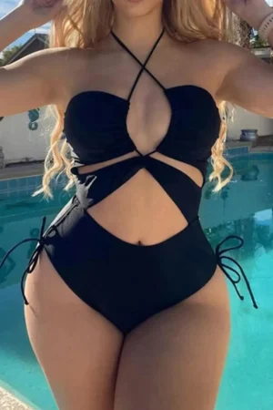 Tummy Control Solid Halter Tie Cut Out One-piece Swimsuit>MICAS Clearance